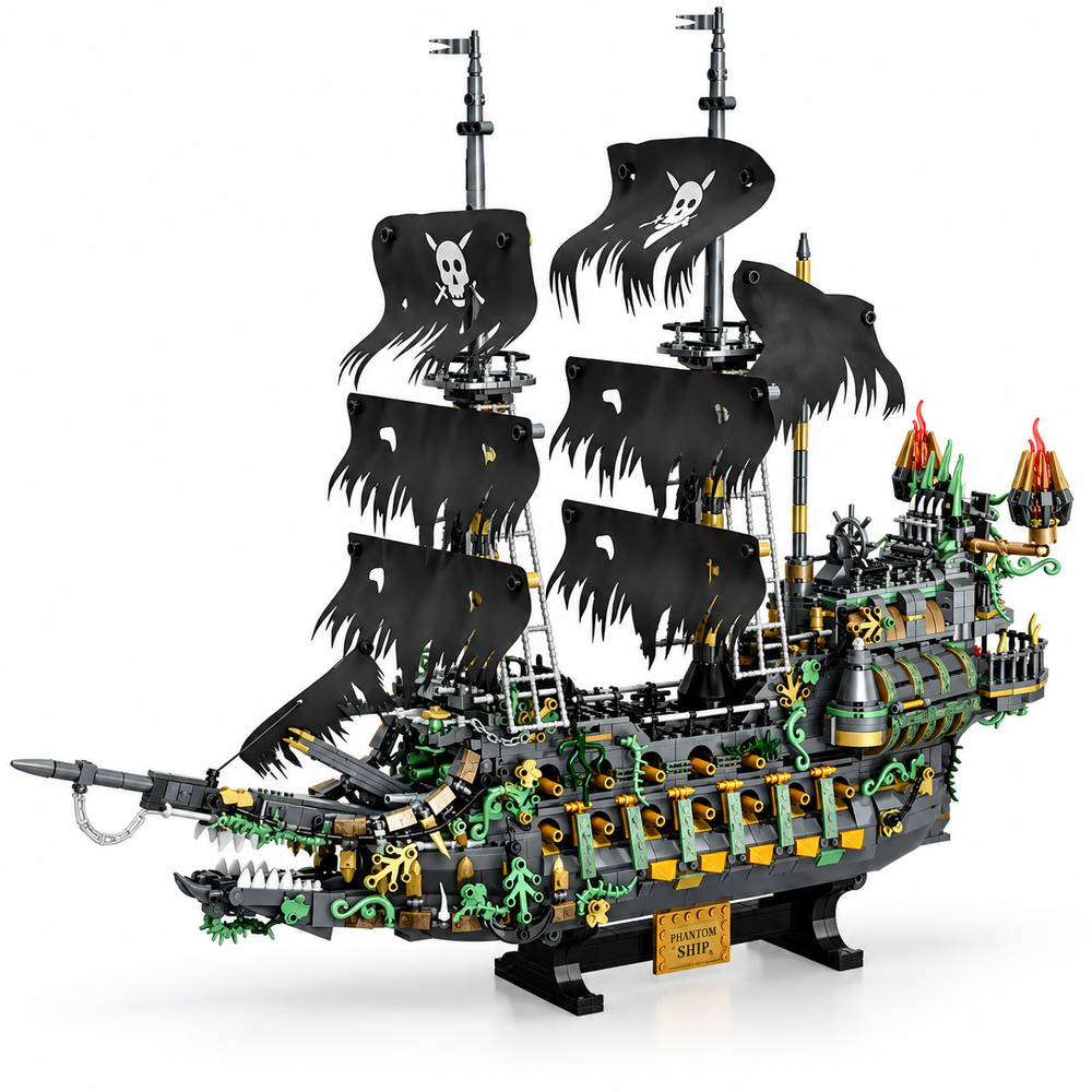 Brick-built pirate ship with tattered black sails, green lanterns and skull figurehead on a stand