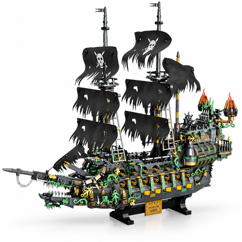 Brick-built pirate ship with tattered black sails, green lanterns and skull figurehead on a stand