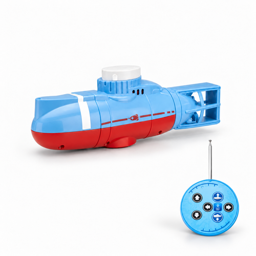 LSRC mini RC submarine with its round remote controller on a white studio floor