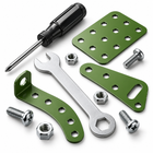Screwdriver, wrench, bolts, and green perforated brackets included with the metal airplane kit.