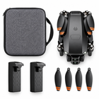 Overhead view of folded L106 drone with case, two batteries and spare propellers