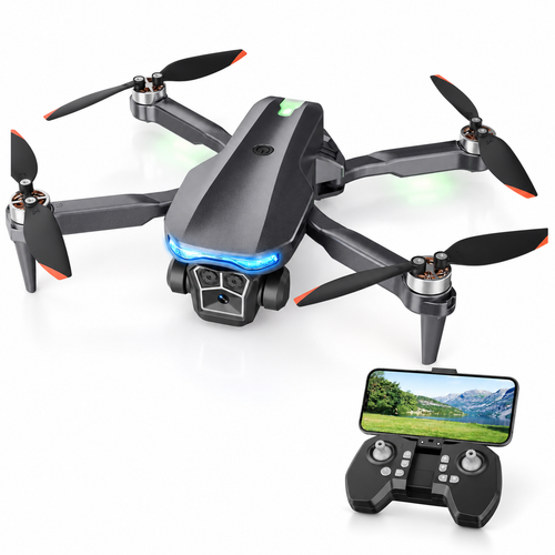 Charcoal folding drone with blue lights and its phone-mounted controller at bottom right.