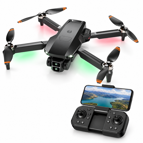 Dark L106 brushless quadcopter with orange-tipped propellers, dual cameras and matching controller