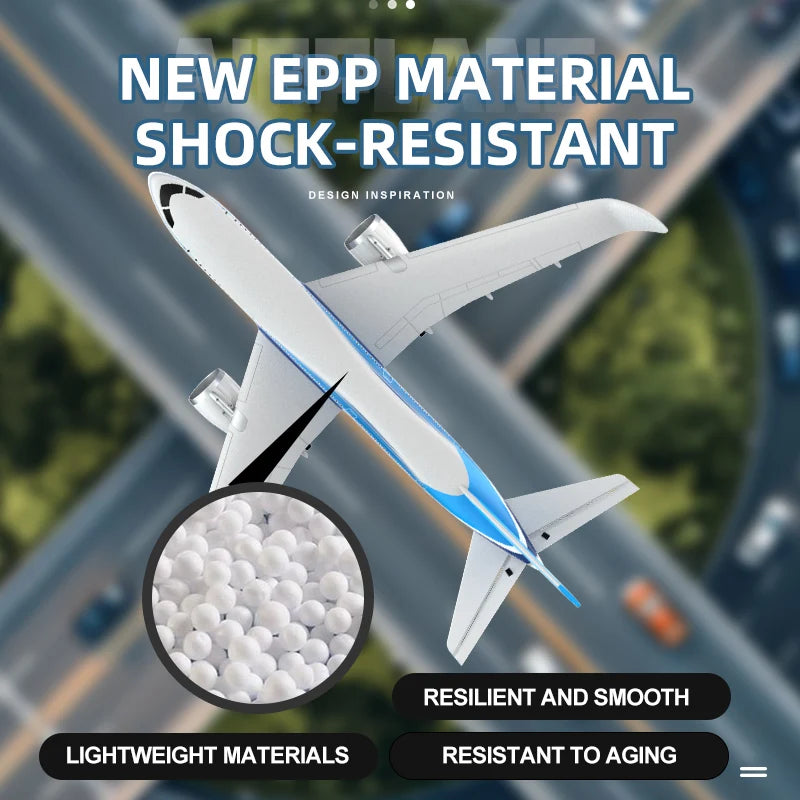 Model airplane with EPP material balls and text highlighting properties of new EPP material