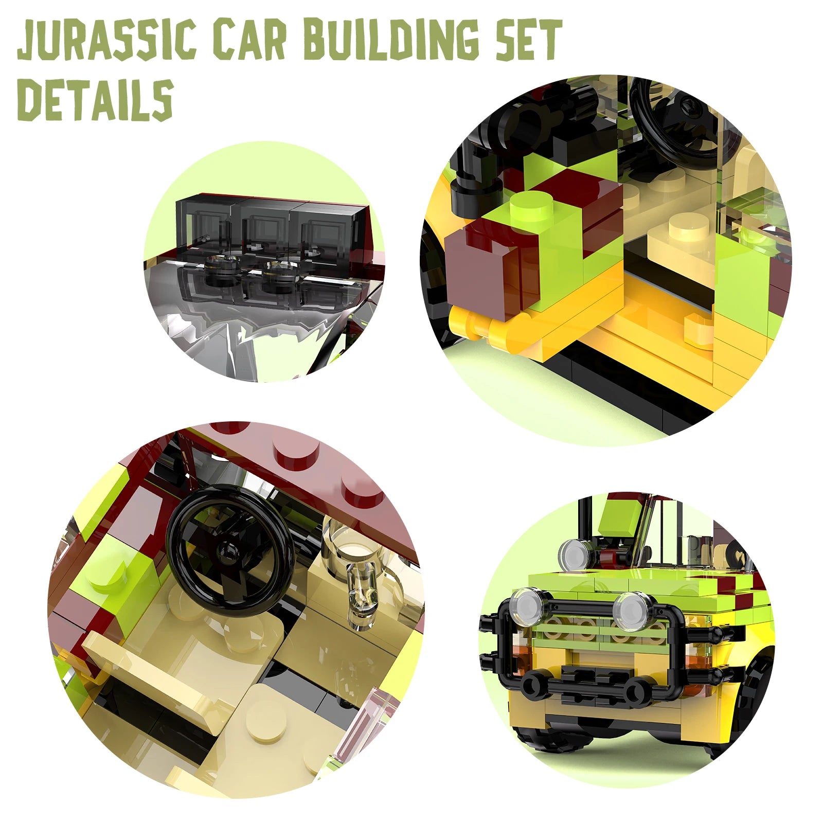 Separated building block pieces laid out showing all 309 ABS plastic bricks in yellow, dark red, lime green, black, and transparent colors used to construct the Jurassic vehicle

