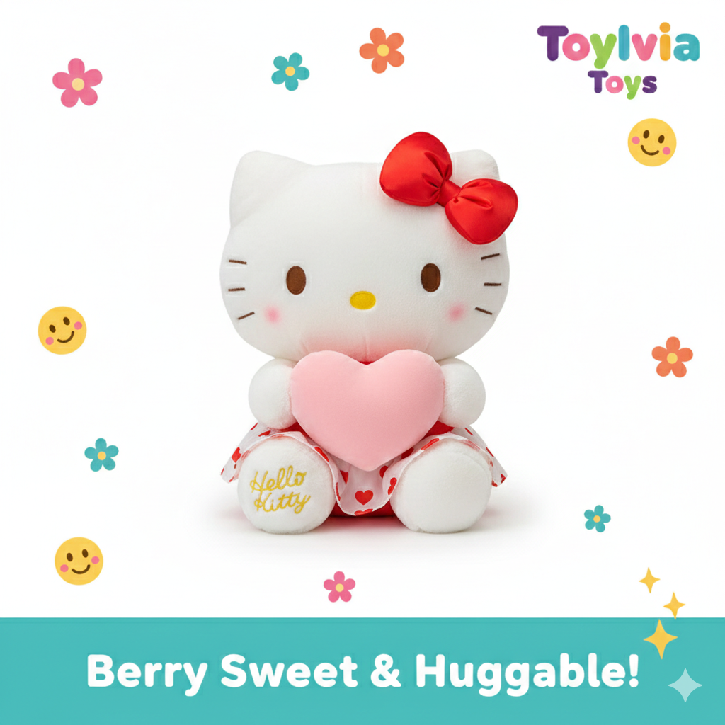 Plush toy resembling a well-known character with a red bow and pink heart, surrounded by decorative elements and the brand 'ToyLivia Toys'. Main image
