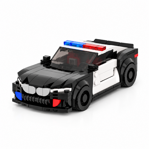 318-piece city police car DIY building bricks on a white studio background