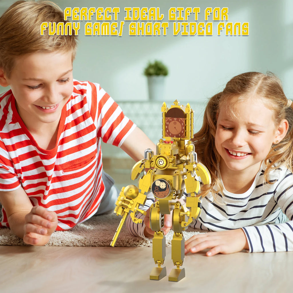 Two children playing with a yellow robot toy on a wooden floor.