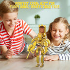 Two children playing with a yellow robot toy on a wooden floor.