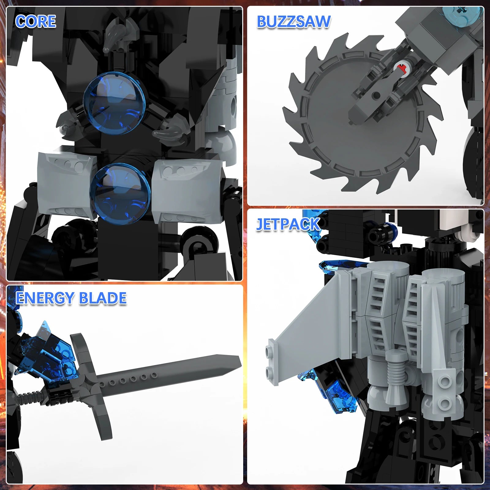 Collage of toy parts labeled 'Core', 'Buzzsaw', 'Jetpack', and 'Energy Blade' with a toy figure in the background.