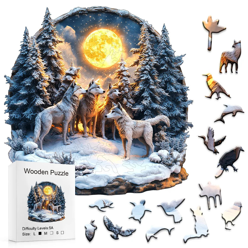 3D enchanted wolf forest wooden puzzle with wolf pack under moonlight and animal-shaped pieces Main image