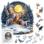 3D enchanted wolf forest wooden puzzle with wolf pack under moonlight and animal-shaped pieces