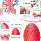 Macro photograph showing hands twisting open a textured scaled Easter egg revealing a coiled mini crystal dragon inside.