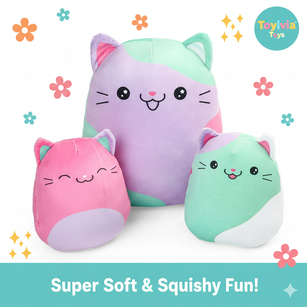 Three colorful cat-shaped plush toys on a white background with decorative elements and 'ToyLivia Toys' branding.