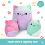 Three colorful cat-shaped plush toys on a white background with decorative elements and 'ToyLivia Toys' branding.