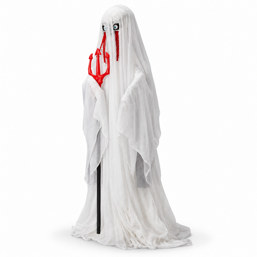 4.3FT Animatronic Trident Ghost Halloween Prop Green LED viewed three-quarter left on white