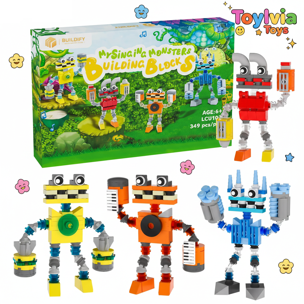 Toy building blocks set with colorful characters and packaging, featuring the brand 'Toylivia'.