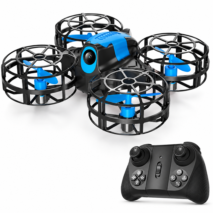 Blue and black 4DRC V18 mini drone with matching black 4DRC remote controller at bottom right.