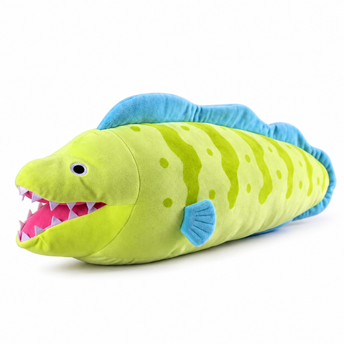 Lime green striped sea eel plush bolster with open pink mouth and blue fins