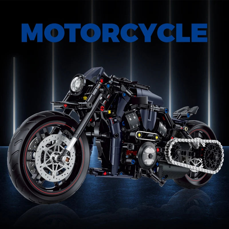 Toy motorcycle model on a dark background with 'MOTORCYCLE' text above.