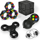 Complete 5-piece sensory fidget toy set featuring a multi-functional fidget cube and handheld gadgets on a clean white background.