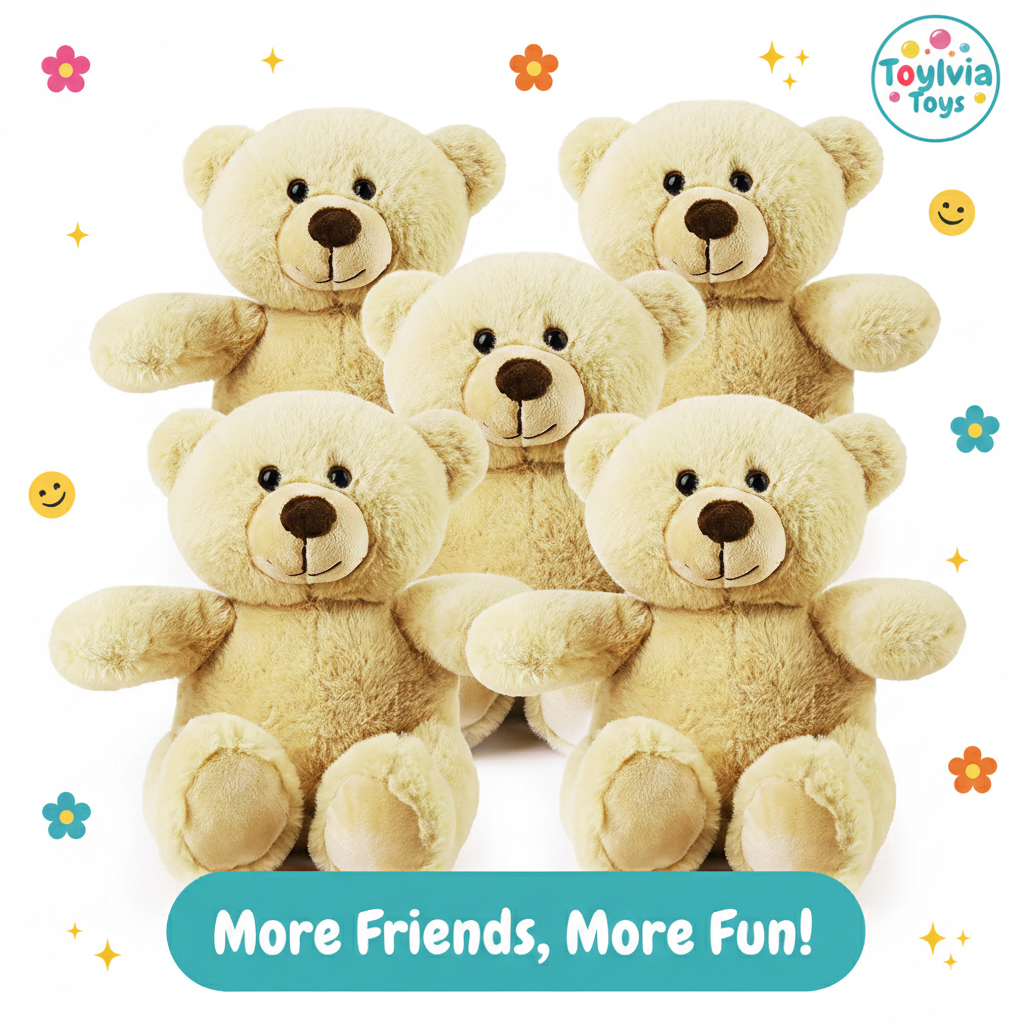 Five beige teddy bears stacked together with decorative elements and 'Toyliava Toys' branding. Main image
