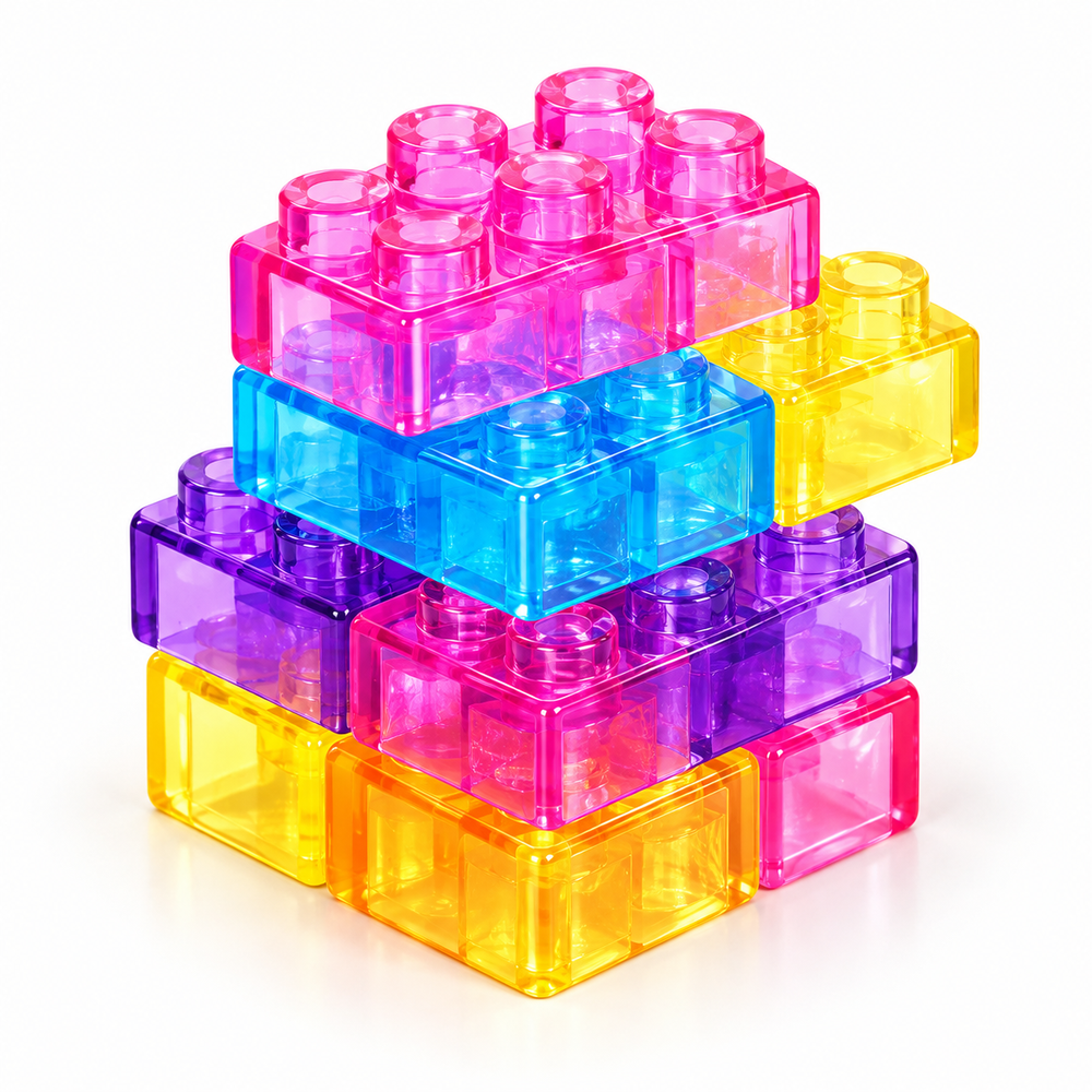 60-piece squishy jelly building blocks assembled as one colorful stack on a clean white studio background