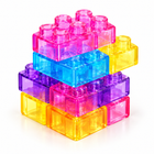 60-piece squishy jelly building blocks assembled as one colorful stack on a clean white studio background