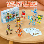 Toy building blocks set with paper manuals and box on a wooden table