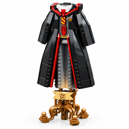 Black and red brick-built wizard robe with gold tie, displayed on a golden ornamental stand