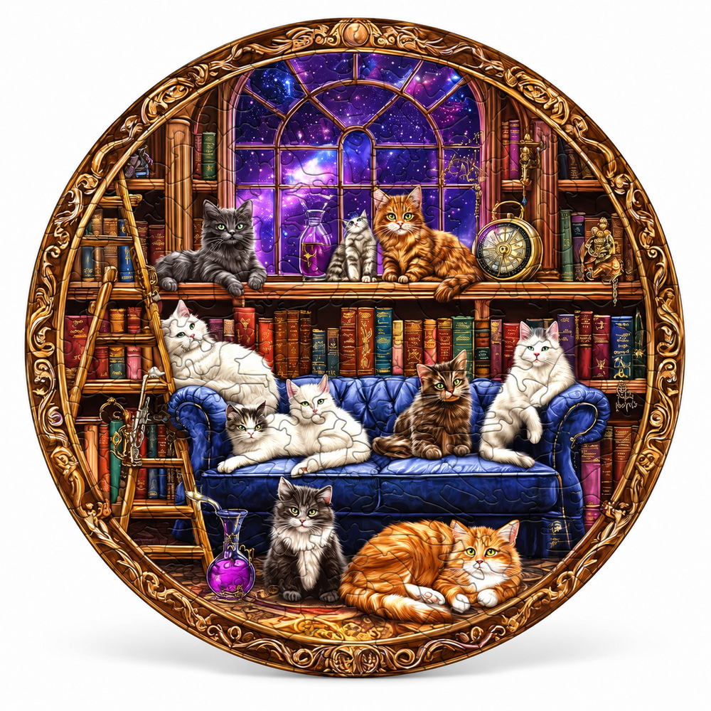 Fantasy Starry Library Cats Round Wooden Puzzle Wall Decor