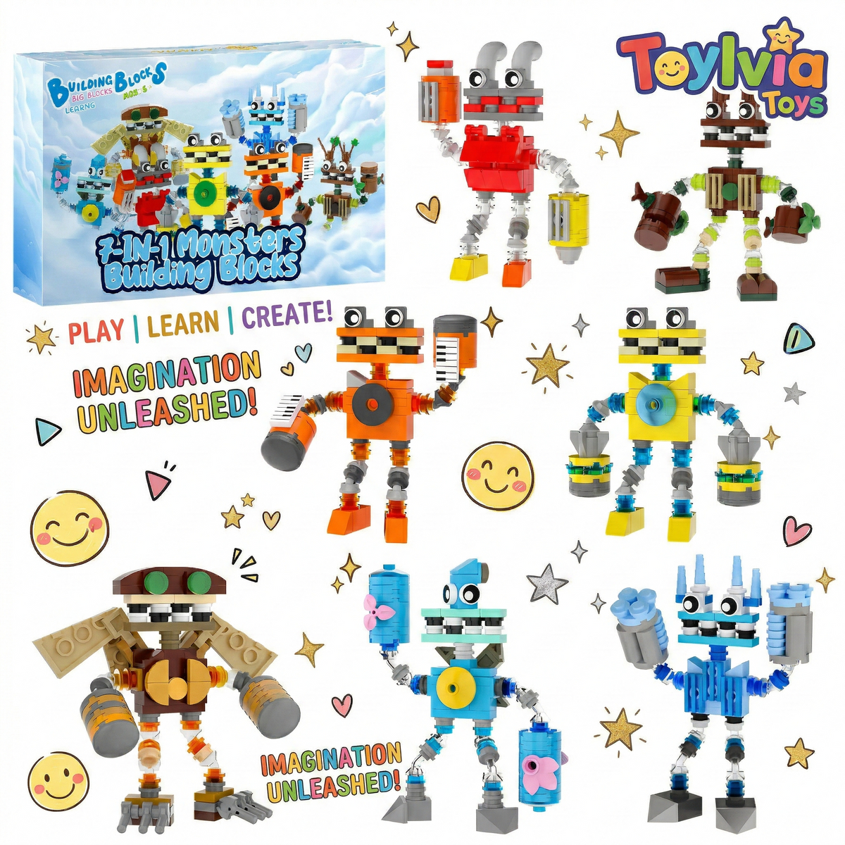 Toy building blocks set with various robot figures and a box labeled 'Toylivia Toys'.
