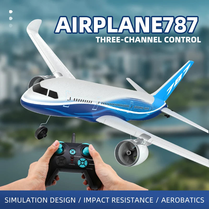 Model airplane with 'AIRPLANE787' branding and control over a blurred cityscape background.