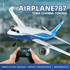 Model airplane with 'AIRPLANE787' branding and control over a blurred cityscape background.