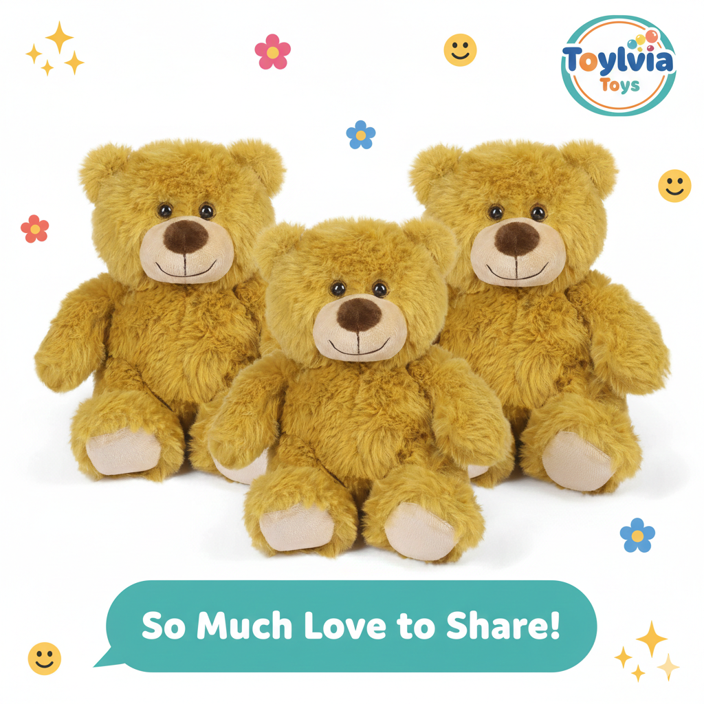Three brown teddy bears sitting together with decorative elements and 'ToyLivia Toys' branding.