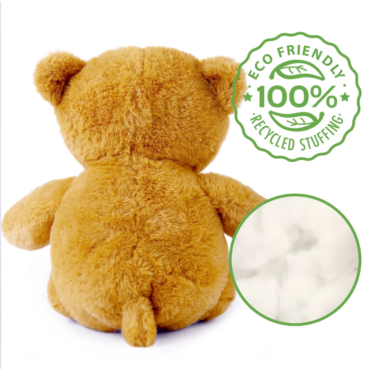 Brown teddy bear with an eco-friendly label indicating 100% recycled stuffing on a white background.