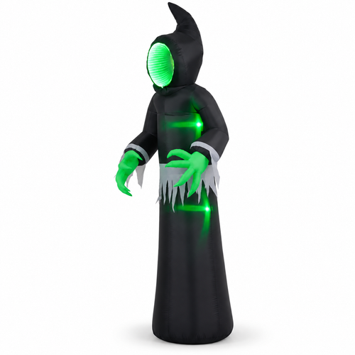 Inflatable grim reaper in a black hooded robe with a glowing green mirror face and claws