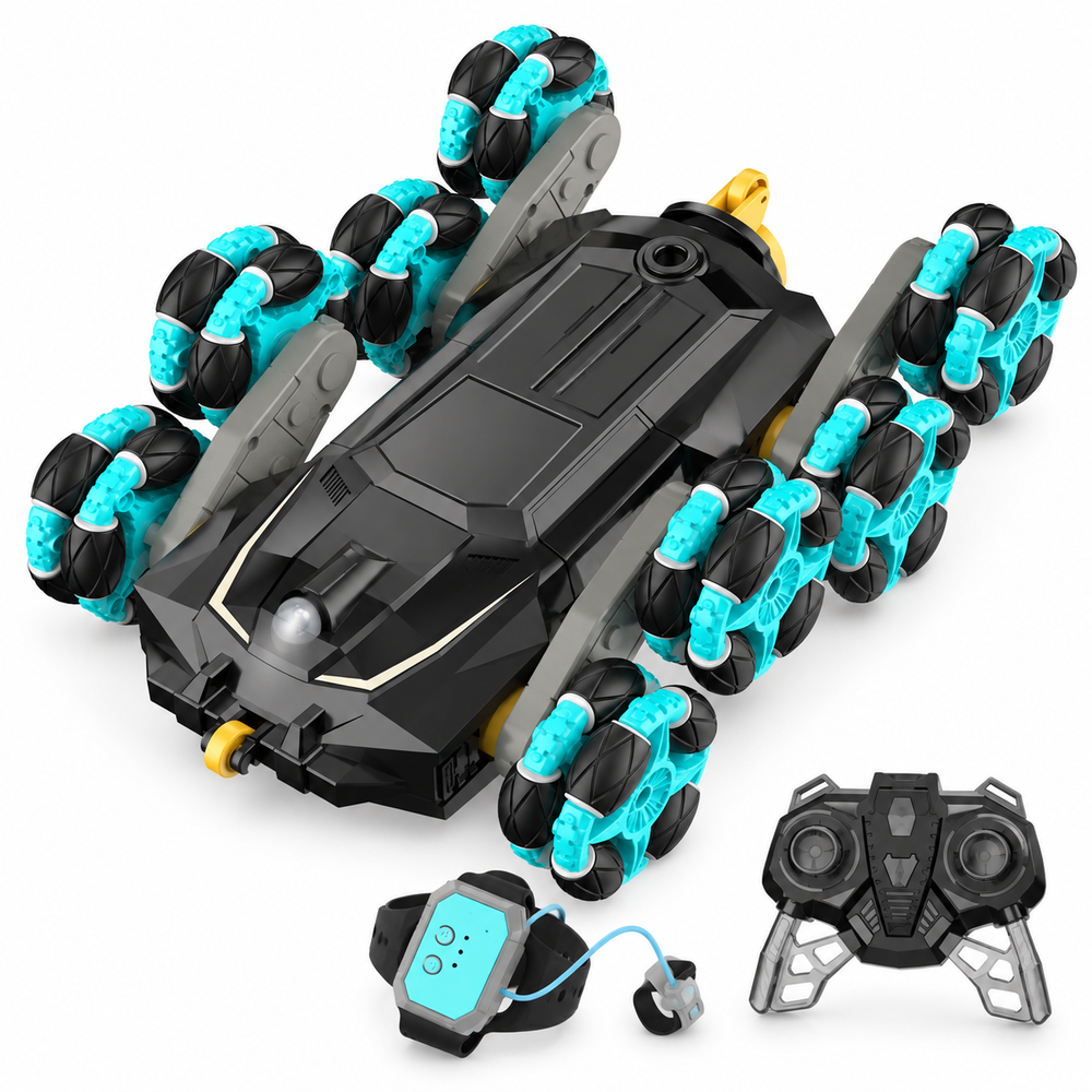 8wd-gesture-sensing-rc-stunt-car-transform-drift-spray: left-facing three-quarter studio hero with matching controller.