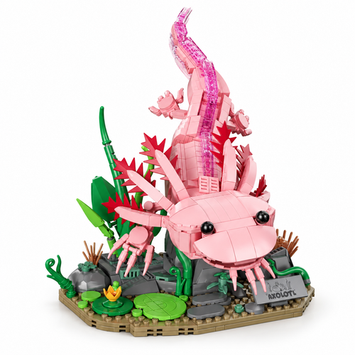 Pink brick-built axolotl model with frilled gills on a mossy base with reeds and lily pads