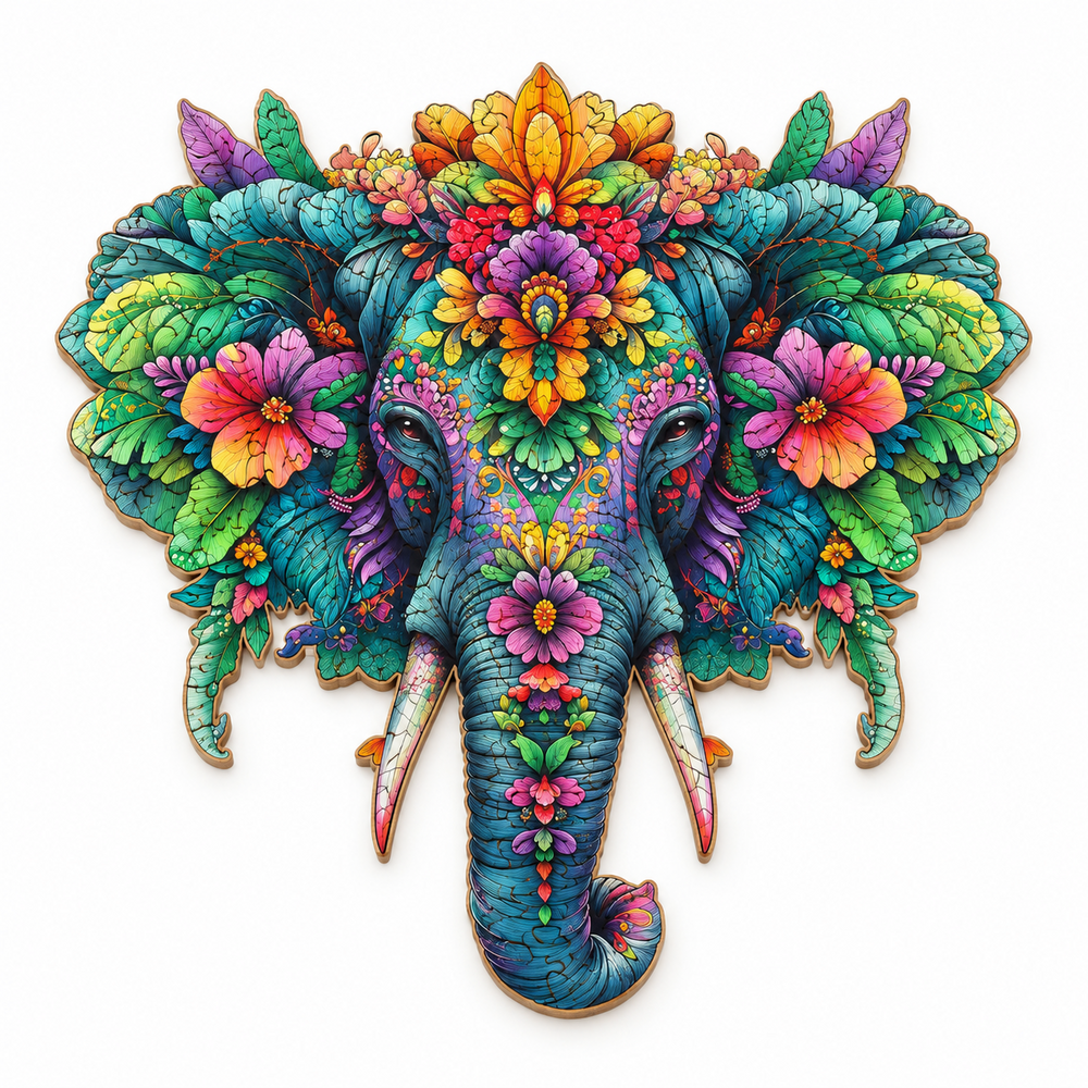 Tropical floral elephant wooden puzzle with vibrant flowers and foliage on a pure white background