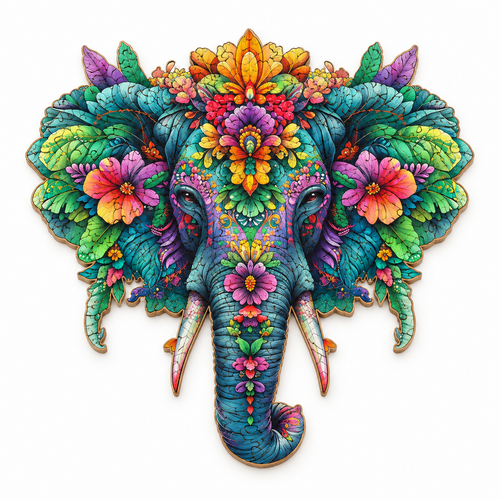 Tropical floral elephant wooden puzzle with vibrant flowers and foliage on a pure white background