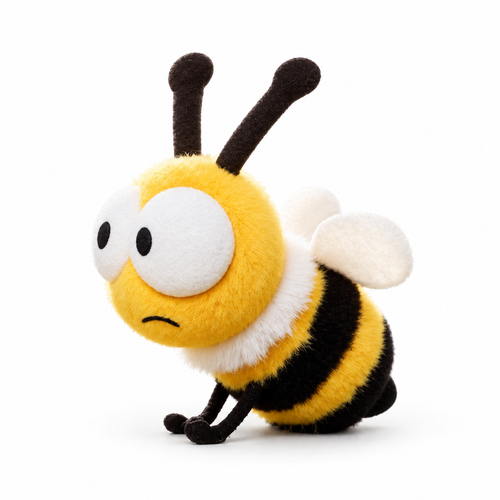 Bee Banong yellow and black plush toy, three-quarter-left studio image