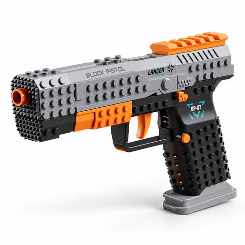 Black and dark gray interlocking-brick toy blaster with orange accents, shown in a clean three-quarter view on a white studio surface.