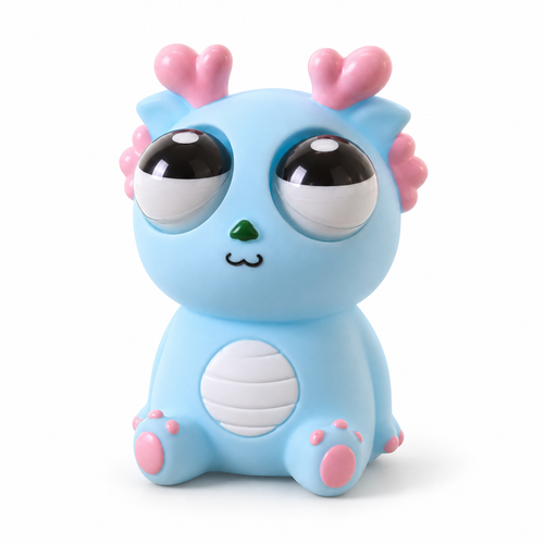 Blue pop-out eyes dragon squeeze toy clean studio image