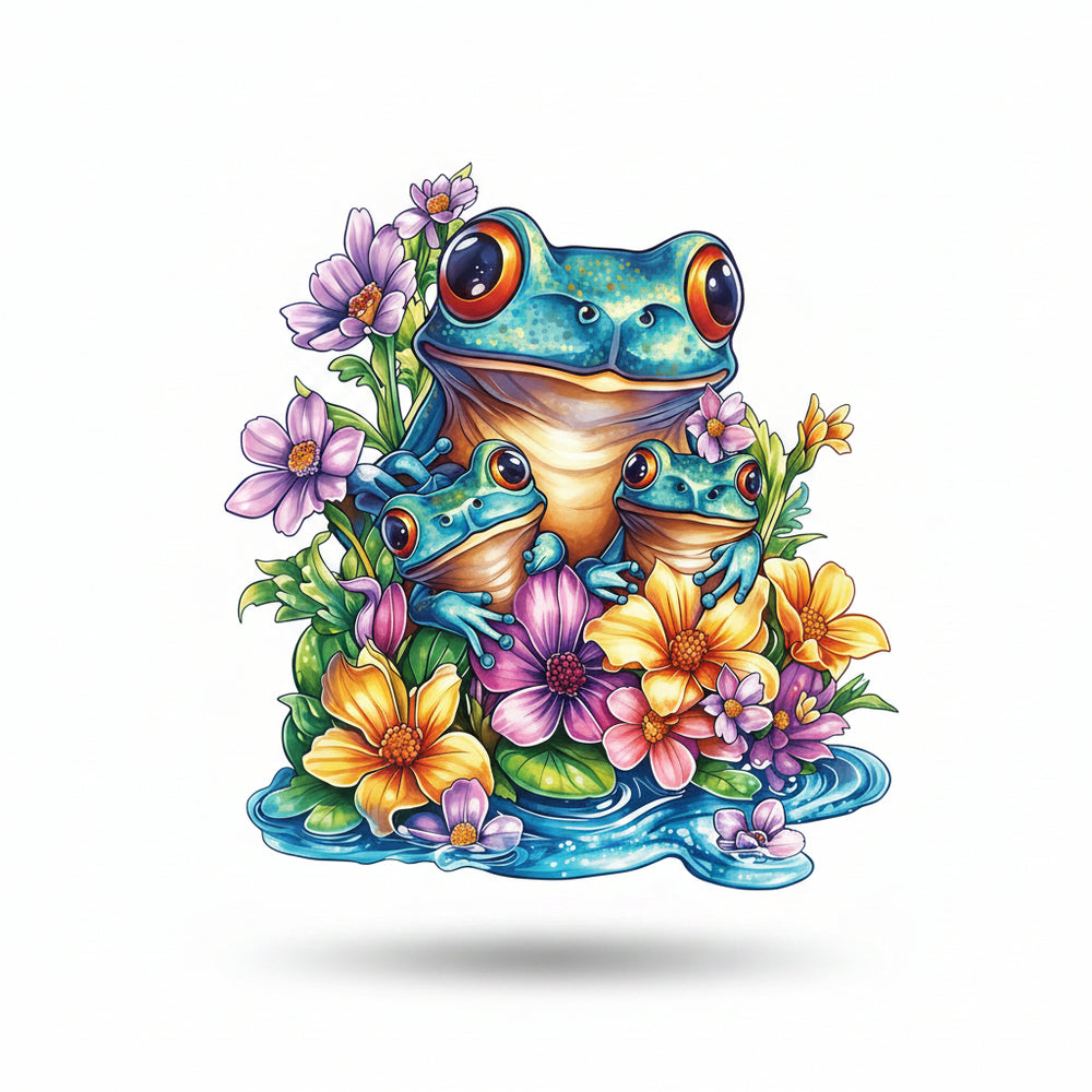 Unique Shape Wooden Jigsaw Puzzle - Frog & Flowers Design