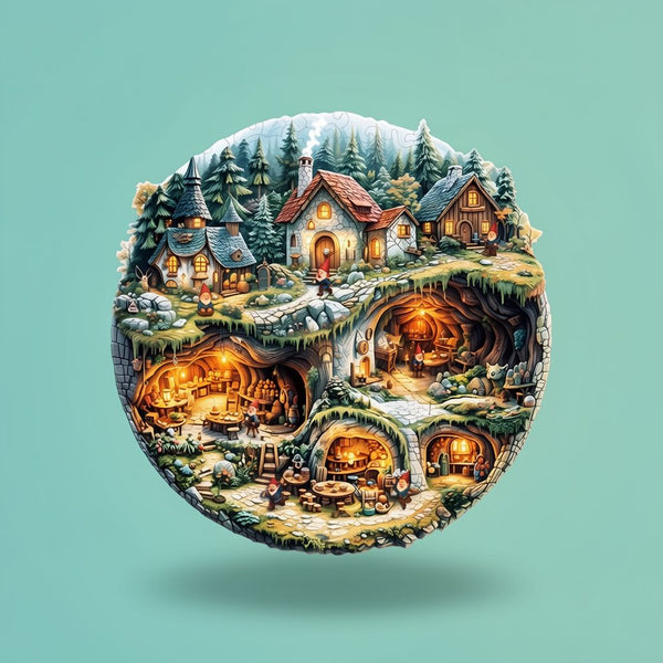 Round Wooden Jigsaw Puzzle - Fairy Tale Forest Gnome Village