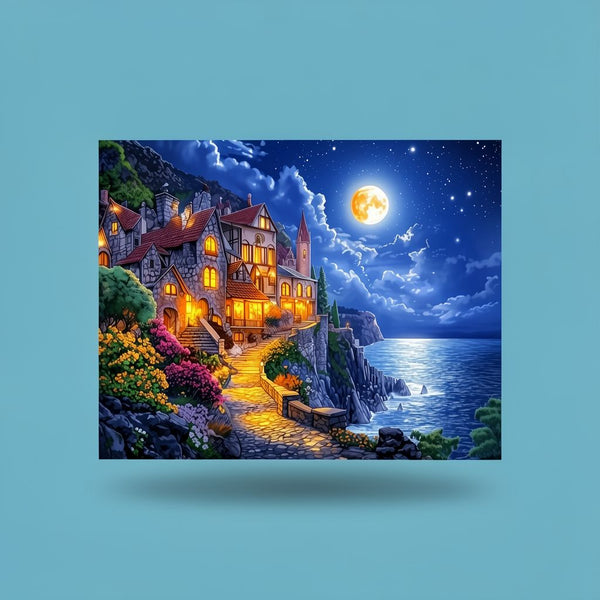 Moonlit Coastal Castle Wooden Jigsaw Puzzle - Unique Animal-Shaped Pieces