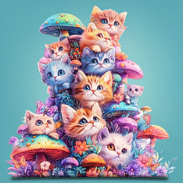 Cute Mushroom Cat Wooden Jigsaw Puzzle - Irregular Animal Shape | Toylvia™