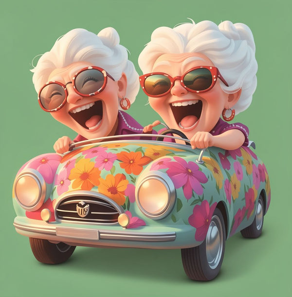 Adult Wooden Jigsaw Puzzle - Happy Old Ladies Car Art | Irregular Shape