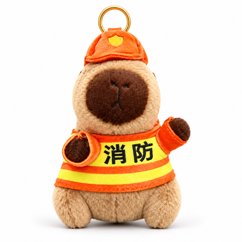 Cartoon Plush Capybara Bubble Blowing Keychain — Fire Fighting — white studio
